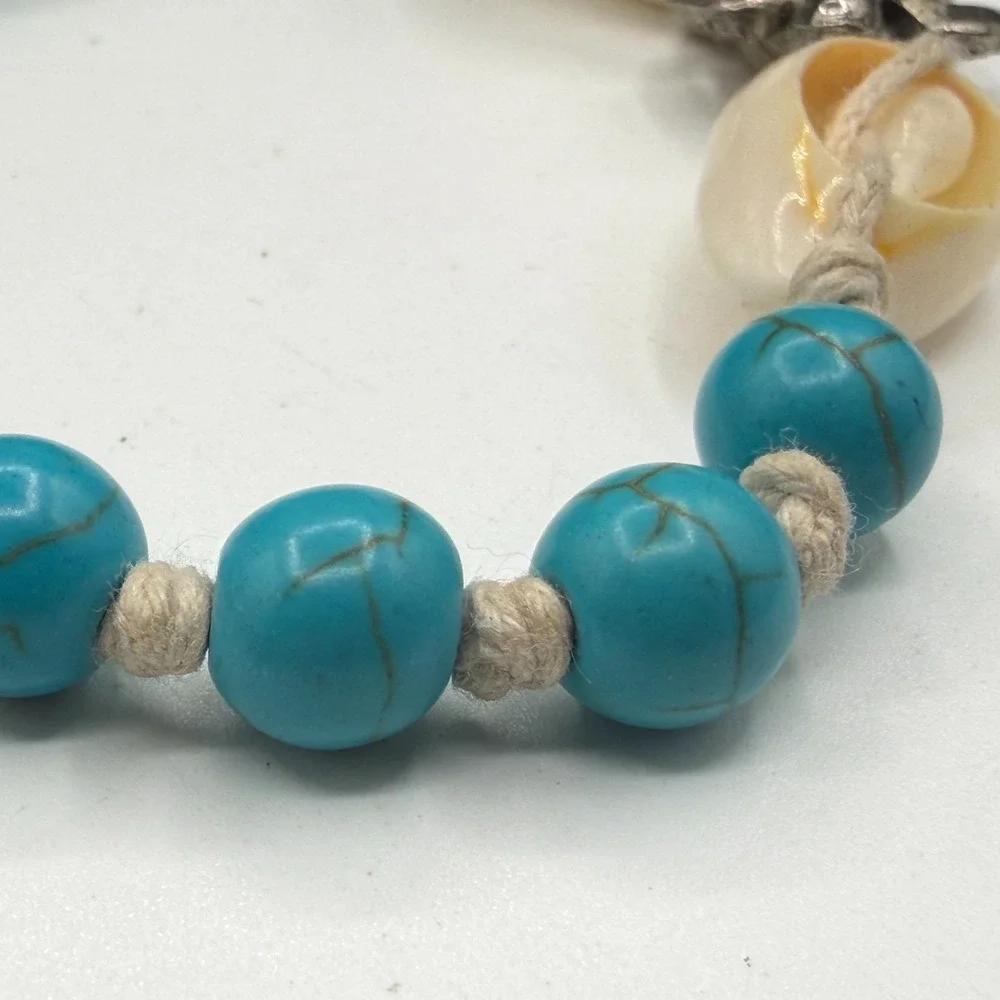 Boho Sea Turtle Bracelet Blue Beads Cowrie Shell Adjustable Beach Surfer Gift